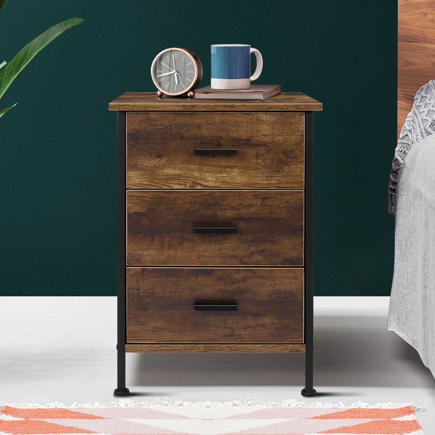 ELFORDSON Bedside Table Retro Wooden Nightstand Storage Side Cabinet, Rustic Brown