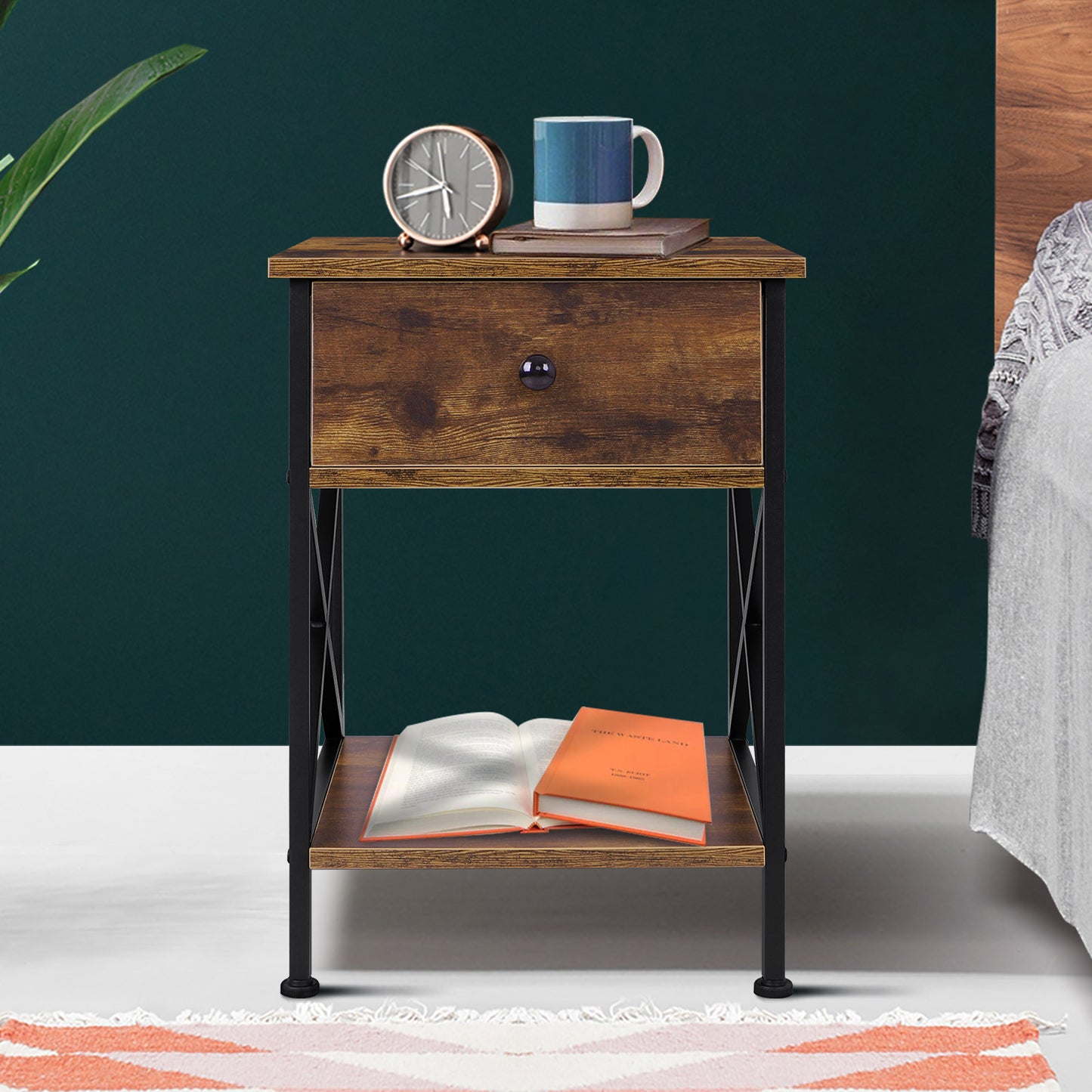 ELFORDSON Bedside Table Retro Wooden Nightstand Storage Side Cabinet, Rustic Brown