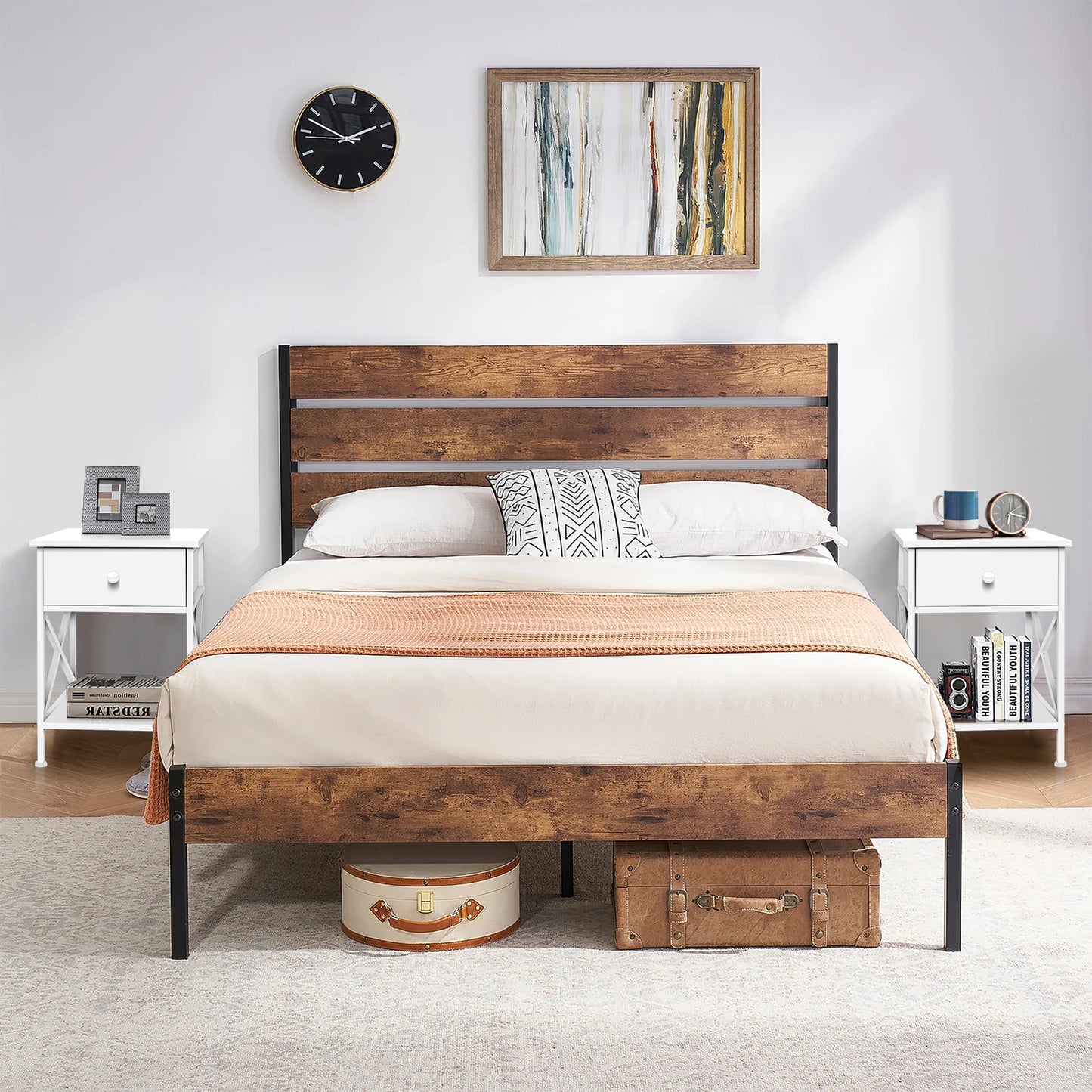 ELFORDSON Bedside Table Retro Wooden Nightstand Storage Side Cabinet, White