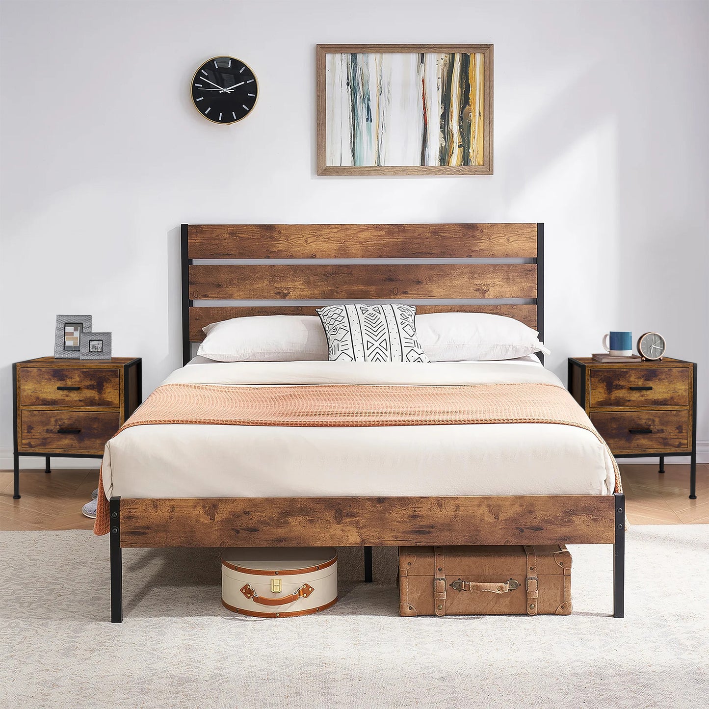 ELFORDSON Bedside Table Retro Wooden Nightstand Storage Side Cabinet, Rustic Brown