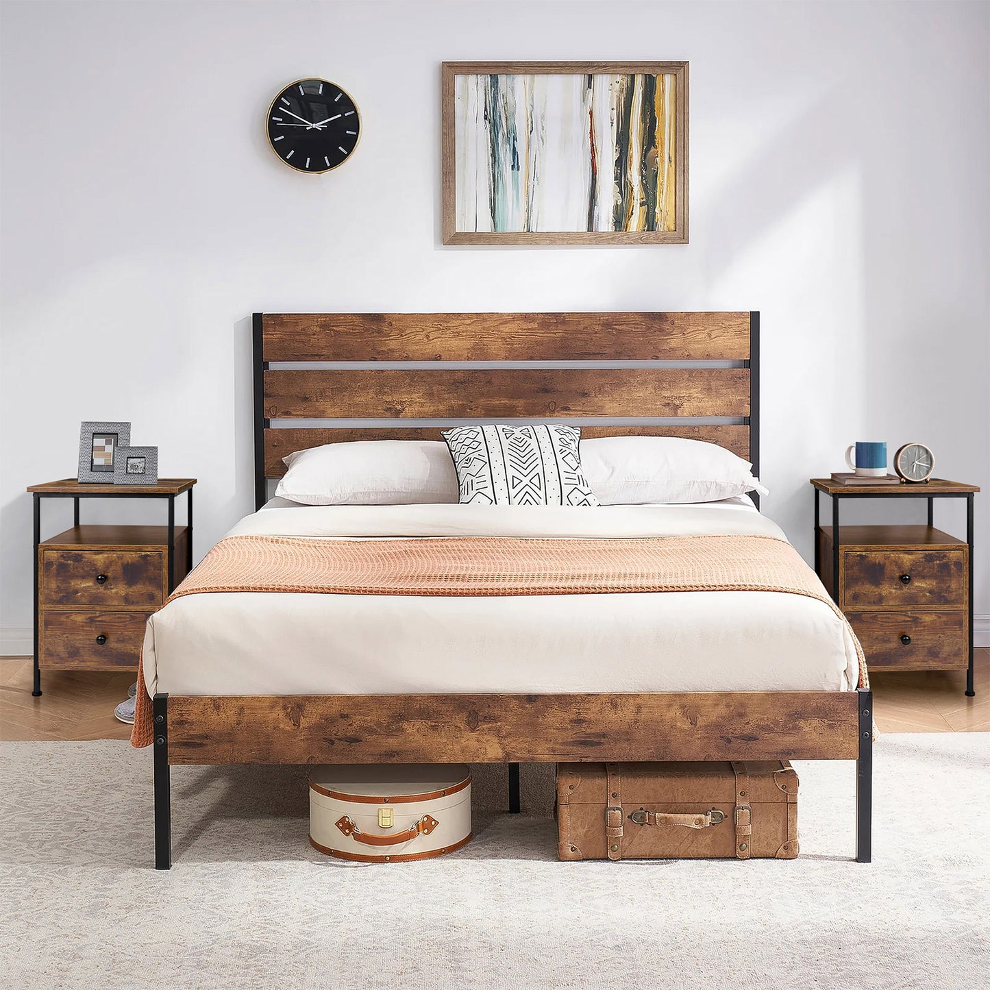 ELFORDSON Bedside Table Retro Wooden Nightstand Storage Side Cabinet, Rustic Brown