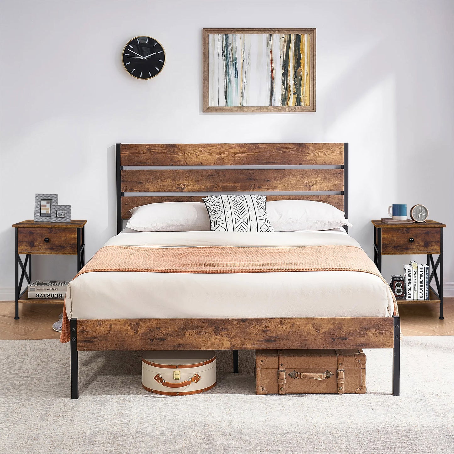 ELFORDSON Bedside Table Retro Wooden Nightstand Storage Side Cabinet, Rustic Brown