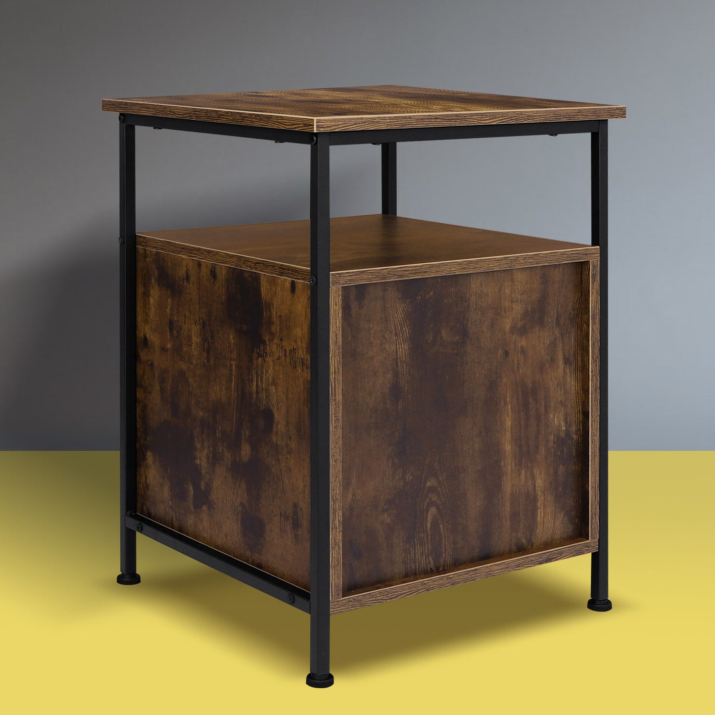 ELFORDSON Bedside Table Retro Wooden Nightstand Storage Side Cabinet, Rustic Brown