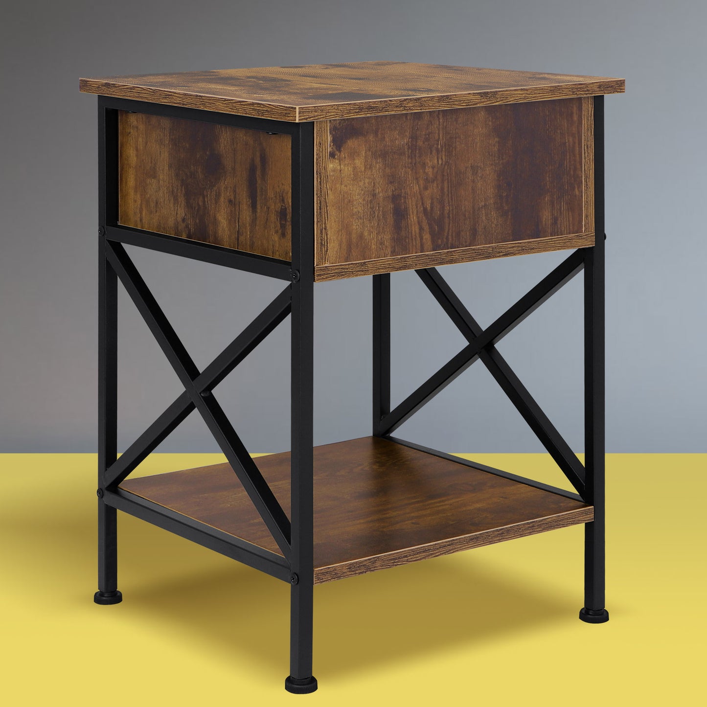 ELFORDSON Bedside Table Retro Wooden Nightstand Storage Side Cabinet, Rustic Brown