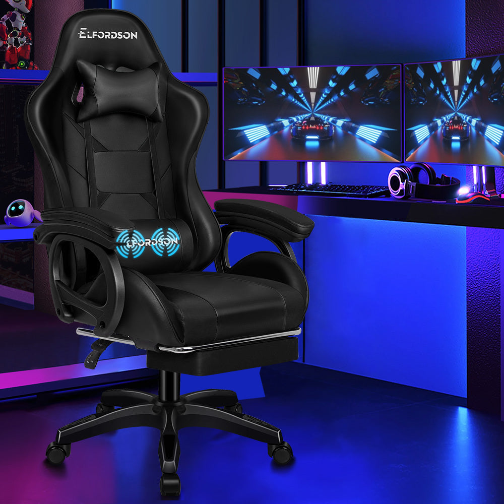 ELFORDSON Gaming Chair Lumbar Massage with Footrest, Black