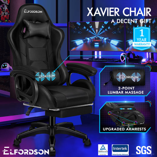 ELFORDSON Gaming Chair Lumbar Massage with Footrest, Black