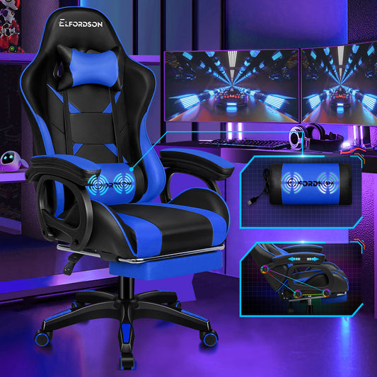 ELFORDSON Gaming Chair Lumbar Massage with Footrest, Blue & Black