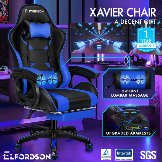 ELFORDSON Gaming Chair Lumbar Massage with Footrest, Blue & Black