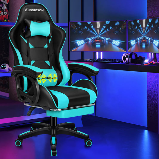 ELFORDSON Gaming Chair Lumbar Massage with Footrest, Cyan & Black