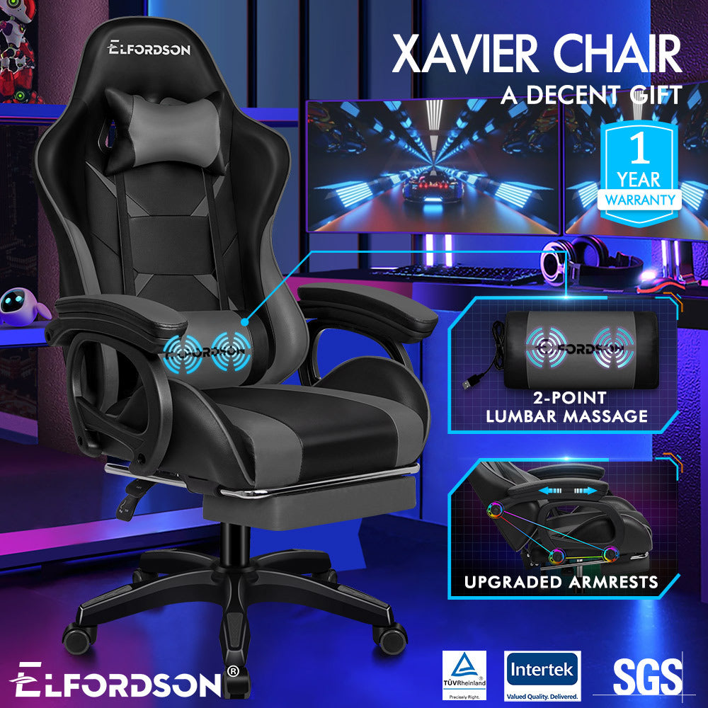 ELFORDSON Gaming Chair Lumbar Massage with Footrest, Grey & Black