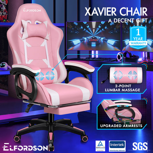 ELFORDSON Gaming Chair Lumbar Massage with Footrest, Pink & White
