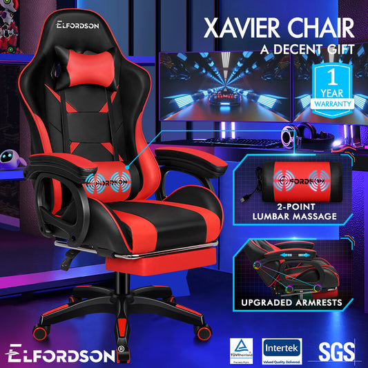 ELFORDSON Gaming Chair Lumbar Massage with Footrest, Red & Black