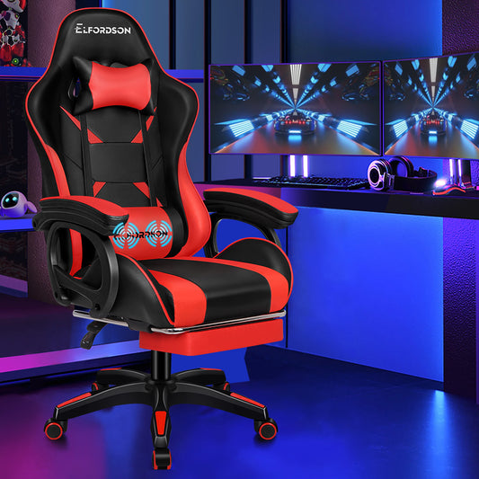 ELFORDSON Gaming Chair Lumbar Massage with Footrest, Red & Black
