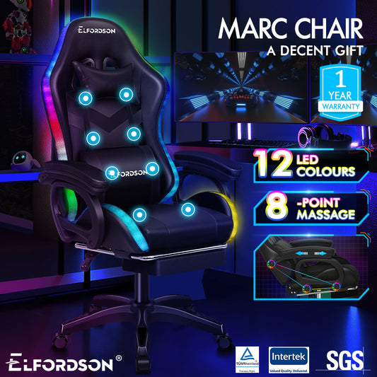 ELFORDSON Gaming Chair with RGB LED Light 8-Point Massage, Black