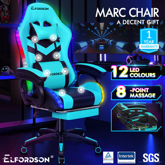 ELFORDSON Gaming Chair with RGB LED Light 8-Point Massage, Cyan & Black