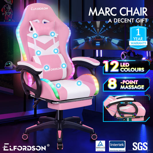 ELFORDSON Gaming Chair with RGB LED Light 8-Point Massage, Pink & White