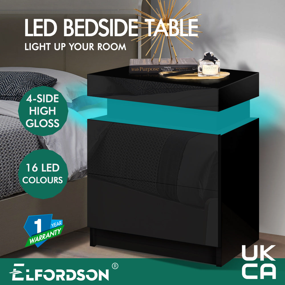 ELFORDSON Bedside Table RGB LED Nightstand 2 Drawers 4 Side High Gloss Black
