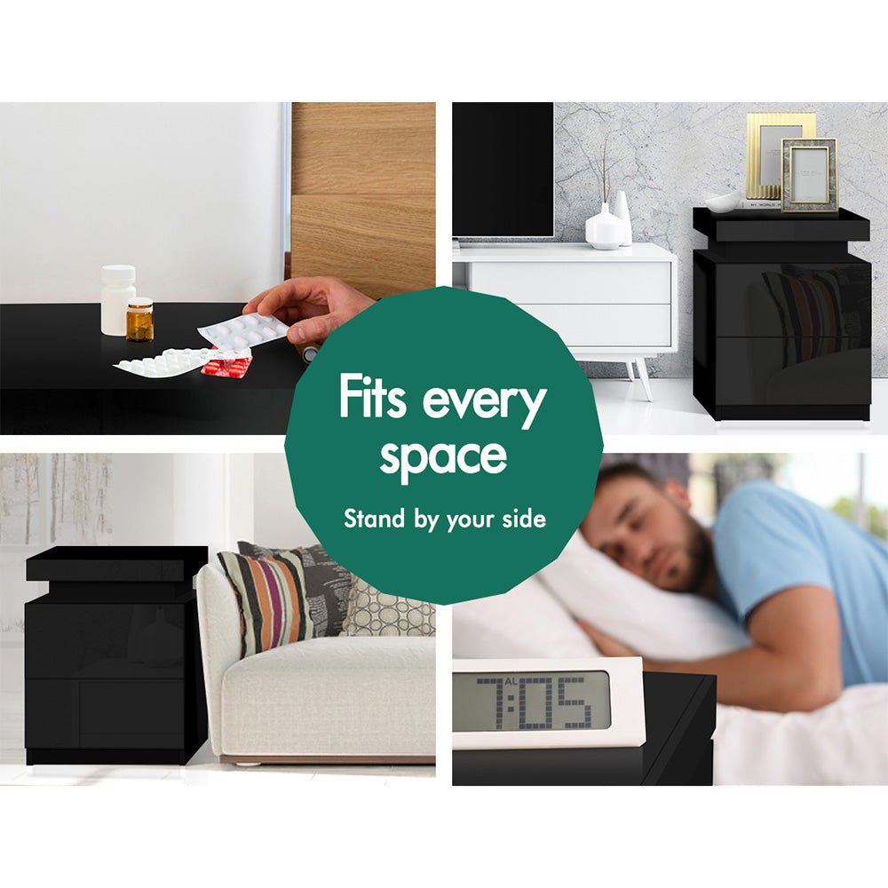 ELFORDSON Bedside Table RGB LED Nightstand 2 Drawers 4 Side High Gloss Black