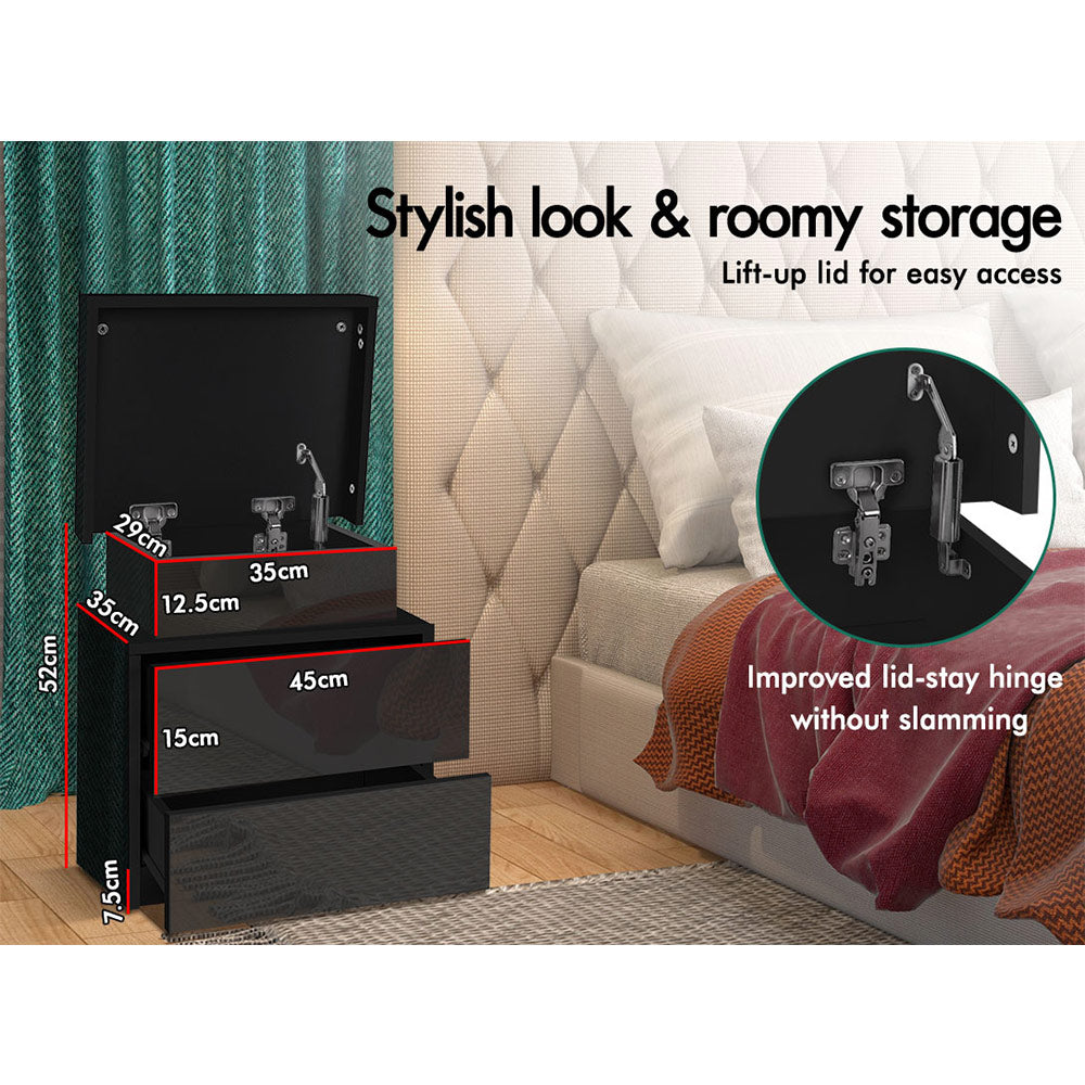 ELFORDSON Bedside Table RGB LED Nightstand 2 Drawers 4 Side High Gloss Black