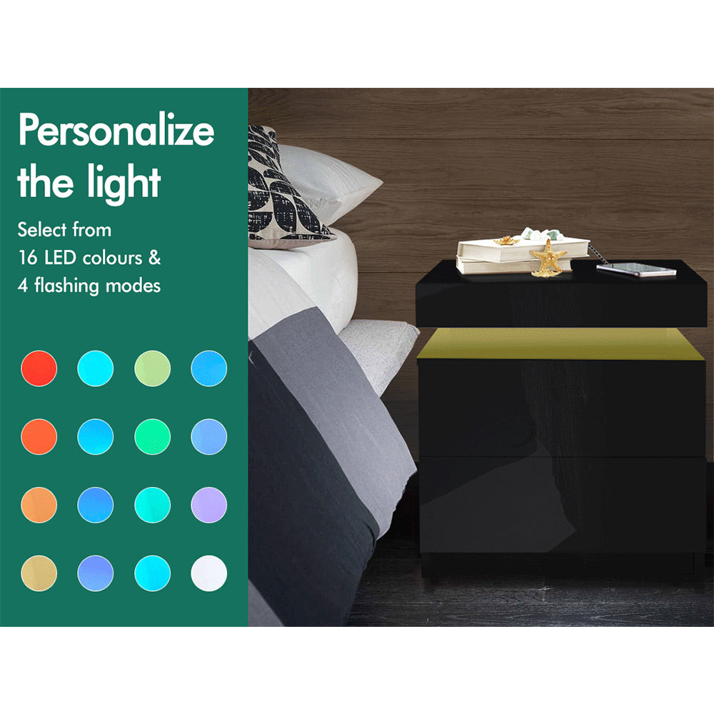 ELFORDSON Bedside Table RGB LED Nightstand 2 Drawers 4 Side High Gloss Black