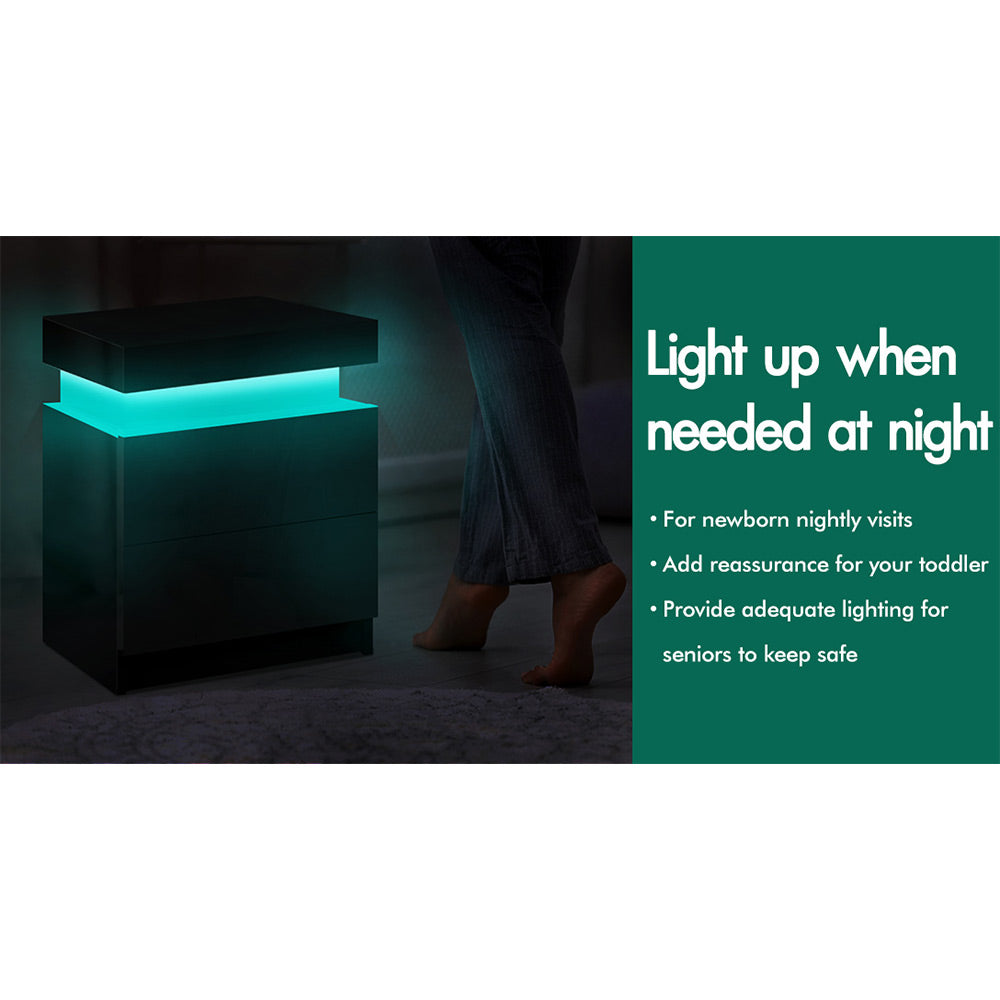 ELFORDSON Bedside Table RGB LED Nightstand 2 Drawers 4 Side High Gloss Black