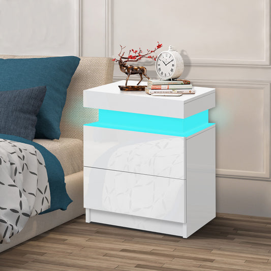 ELFORDSON Bedside Table RGB LED Nightstand 2 Drawers 4 Side High Gloss White