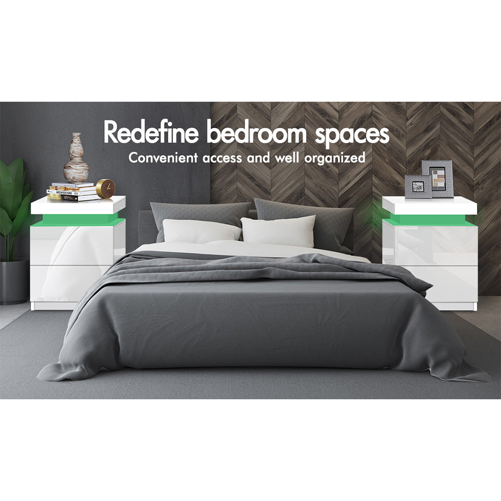 ELFORDSON Bedside Table RGB LED Nightstand 2 Drawers 4 Side High Gloss White