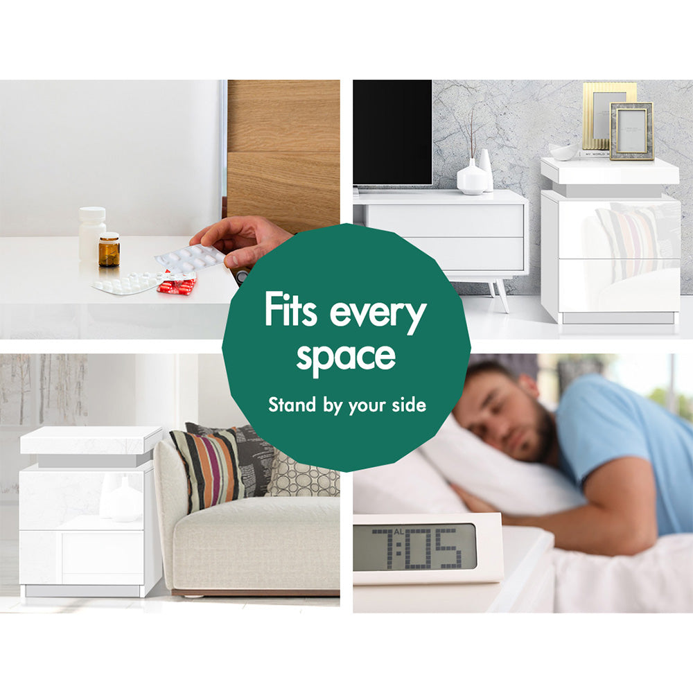 ELFORDSON Bedside Table RGB LED Nightstand 2 Drawers 4 Side High Gloss White