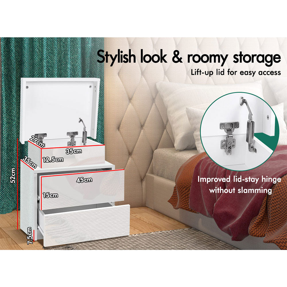 ELFORDSON Bedside Table RGB LED Nightstand 2 Drawers 4 Side High Gloss White