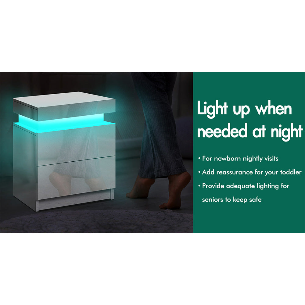ELFORDSON Bedside Table RGB LED Nightstand 2 Drawers 4 Side High Gloss White