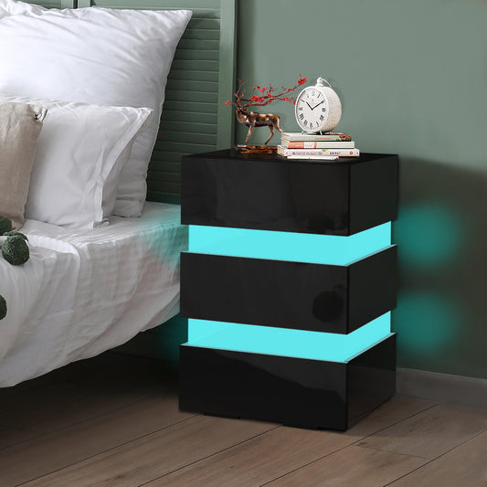 ELFORDSON Bedside Table RGB LED Nightstand 3 Drawers 4 Side High Gloss Black