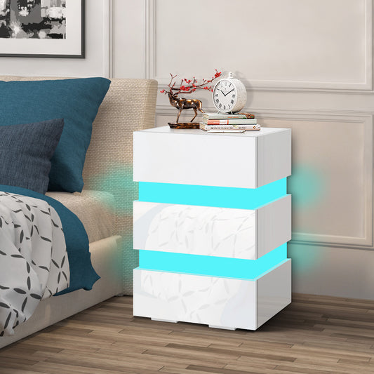 ELFORDSON Bedside Table RGB LED Nightstand 3 Drawers 4 Side High Gloss White