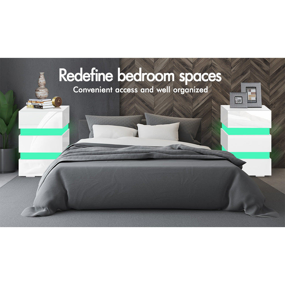 ELFORDSON Bedside Table RGB LED Nightstand 3 Drawers 4 Side High Gloss White