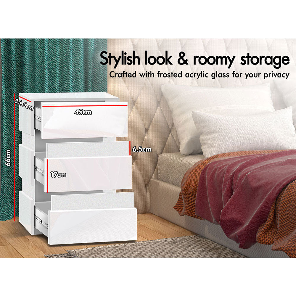 ELFORDSON Bedside Table RGB LED Nightstand 3 Drawers 4 Side High Gloss White