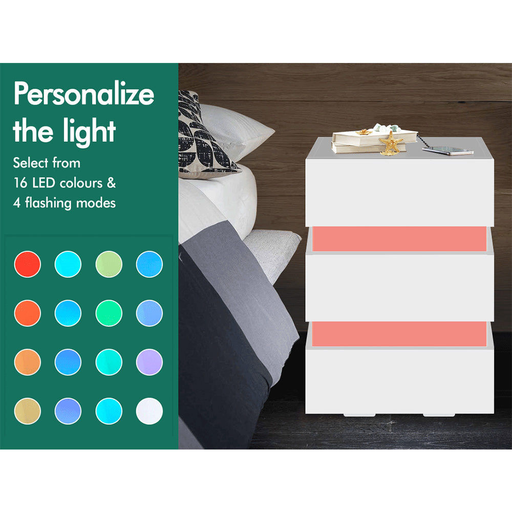 ELFORDSON Bedside Table RGB LED Nightstand 3 Drawers 4 Side High Gloss White