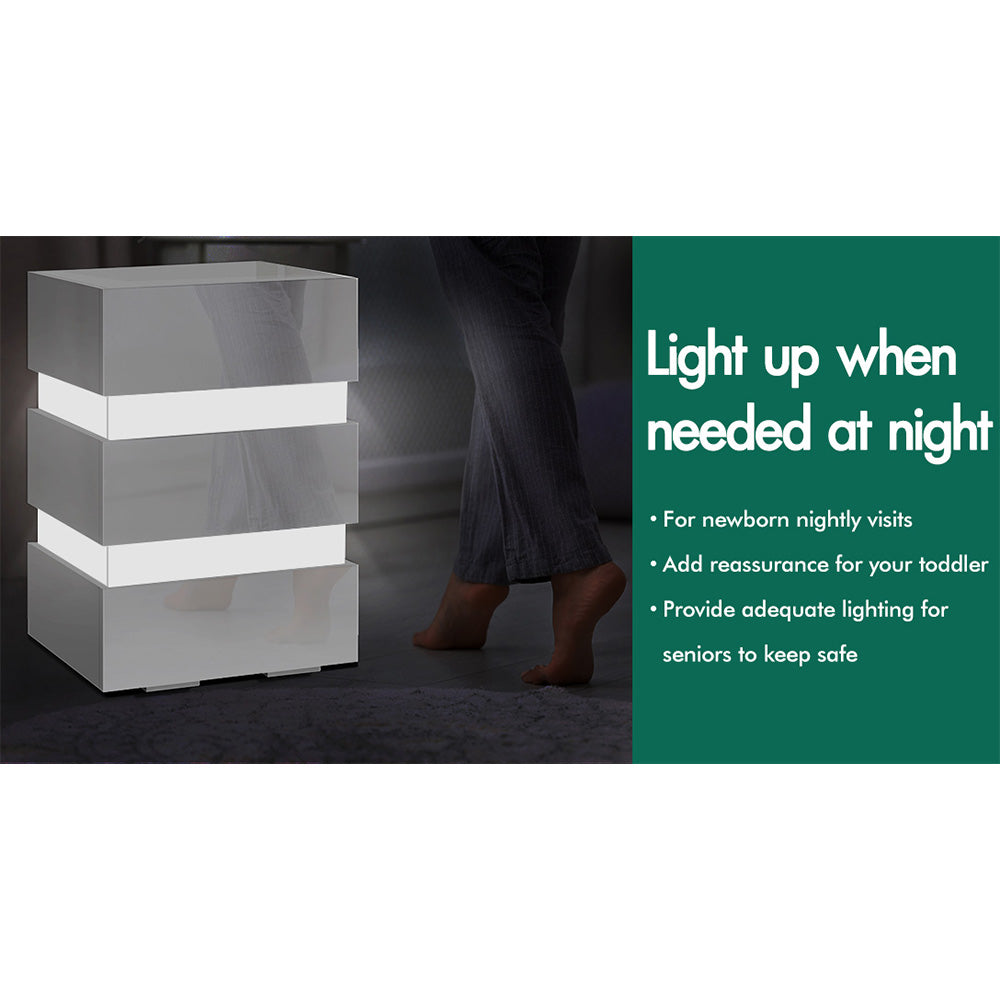 ELFORDSON Bedside Table RGB LED Nightstand 3 Drawers 4 Side High Gloss White