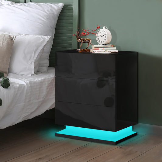 ELFORDSON Bedside Table RGB LED Nightstand 3 Drawers 4 Side High Gloss Black