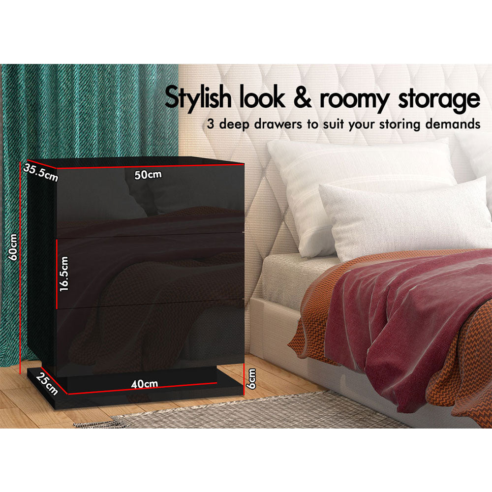 ELFORDSON Bedside Table RGB LED Nightstand 3 Drawers 4 Side High Gloss Black