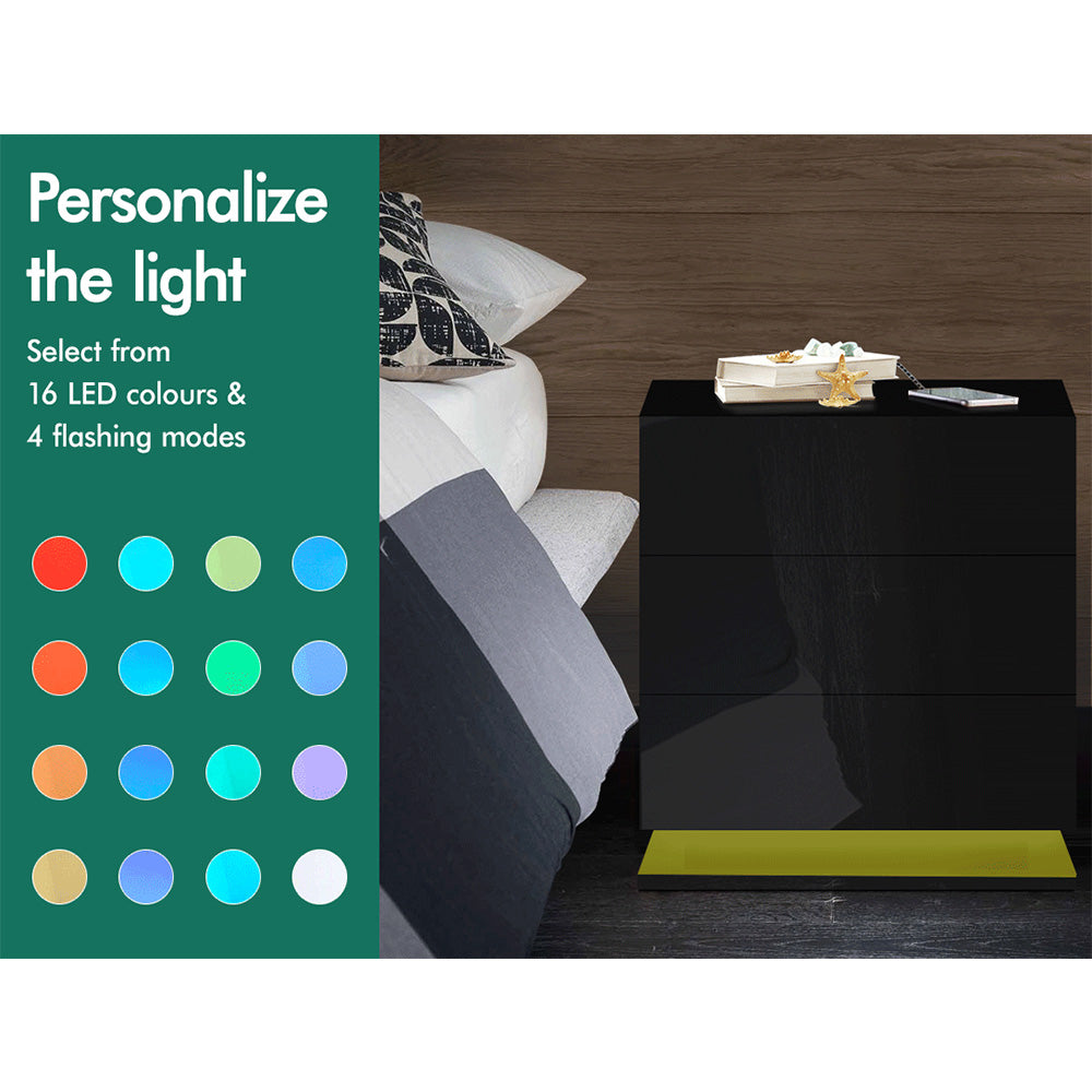 ELFORDSON Bedside Table RGB LED Nightstand 3 Drawers 4 Side High Gloss Black