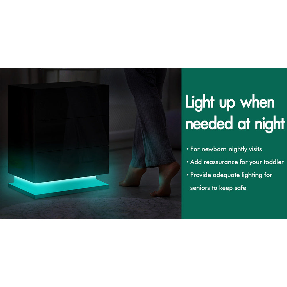 ELFORDSON Bedside Table RGB LED Nightstand 3 Drawers 4 Side High Gloss Black