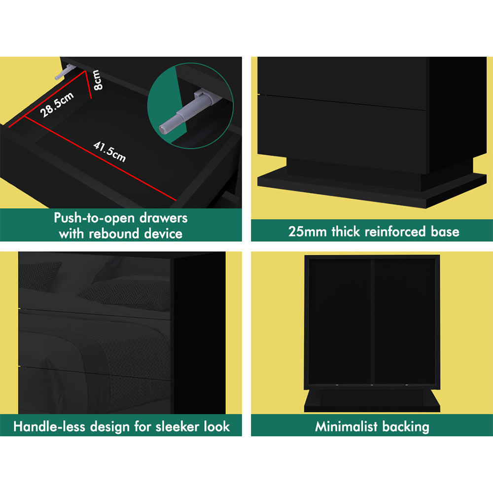 ELFORDSON Bedside Table RGB LED Nightstand 3 Drawers 4 Side High Gloss Black