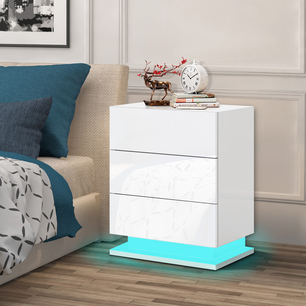 ELFORDSON Bedside Table RGB LED Nightstand 3 Drawers 4 Side High Gloss White