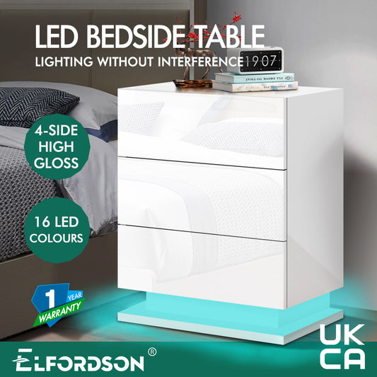 ELFORDSON Bedside Table RGB LED Nightstand 3 Drawers 4 Side High Gloss White