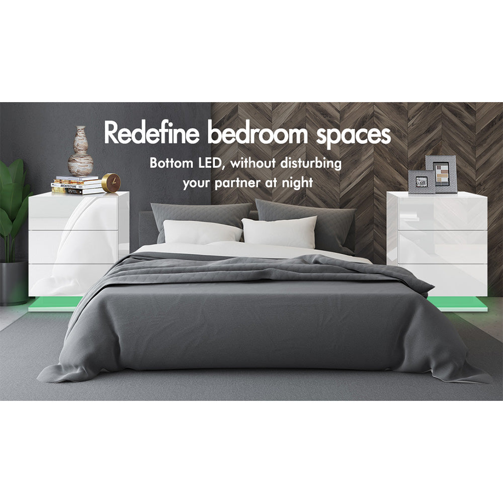 ELFORDSON Bedside Table RGB LED Nightstand 3 Drawers 4 Side High Gloss White