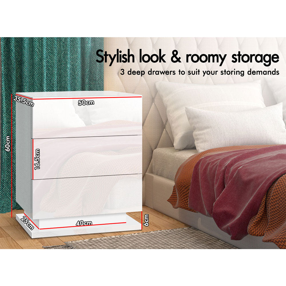 ELFORDSON Bedside Table RGB LED Nightstand 3 Drawers 4 Side High Gloss White