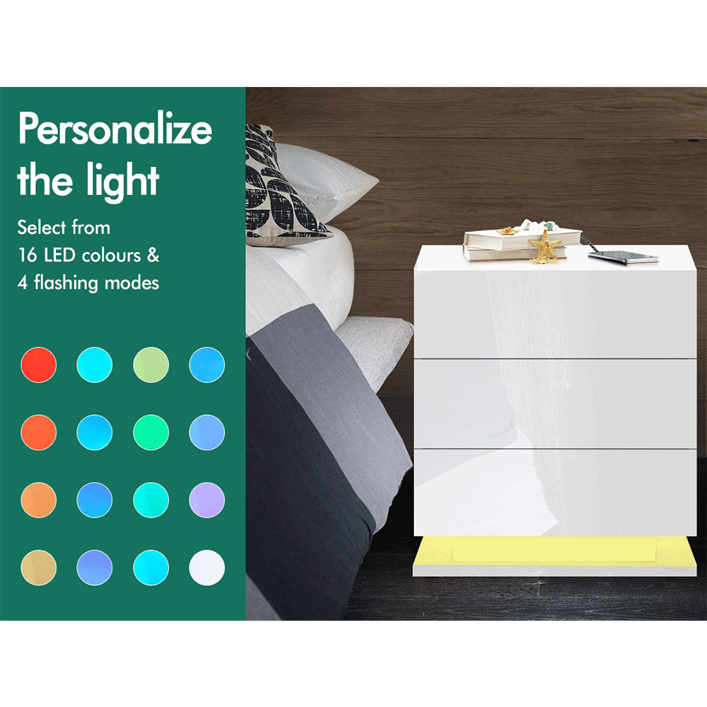 ELFORDSON Bedside Table RGB LED Nightstand 3 Drawers 4 Side High Gloss White