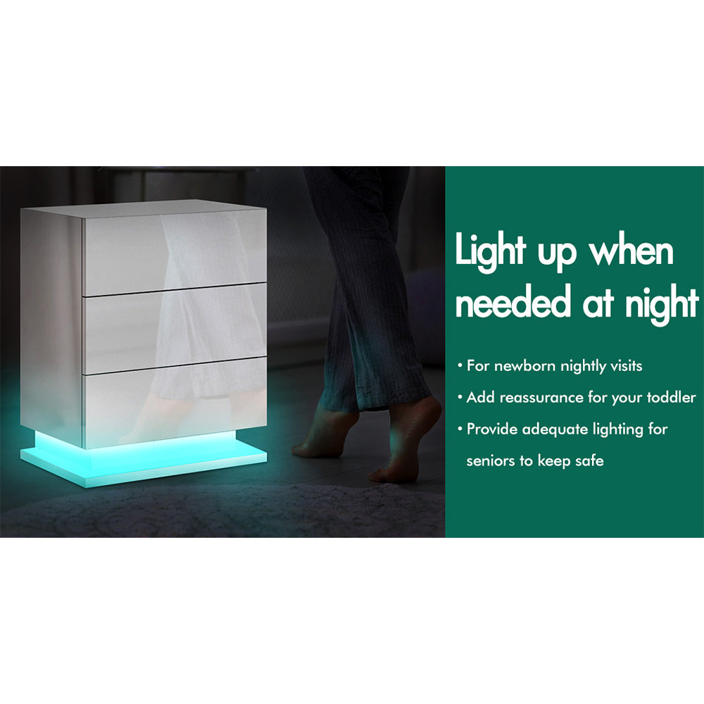 ELFORDSON Bedside Table RGB LED Nightstand 3 Drawers 4 Side High Gloss White