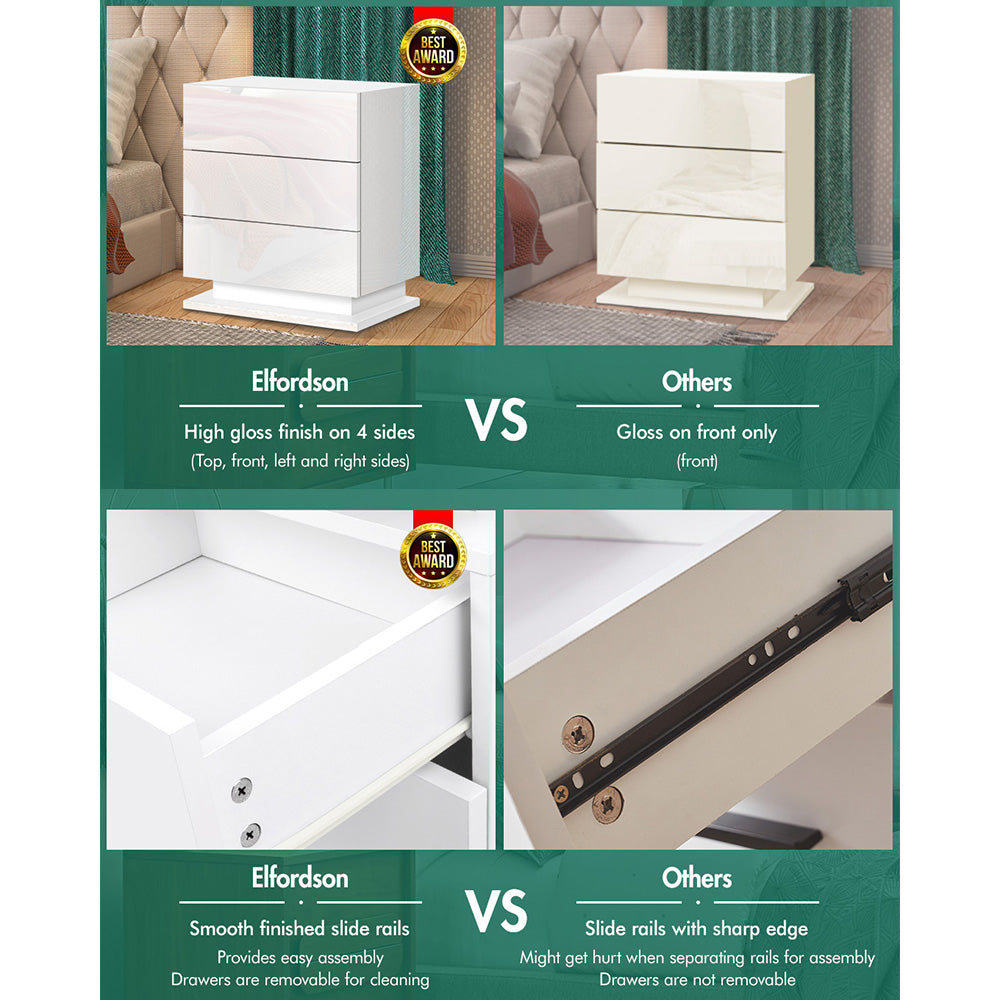 ELFORDSON Bedside Table RGB LED Nightstand 3 Drawers 4 Side High Gloss White