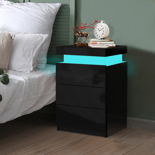 ELFORDSON Bedside Table RGB LED Nightstand 3 Drawers 4 Side High Gloss Black
