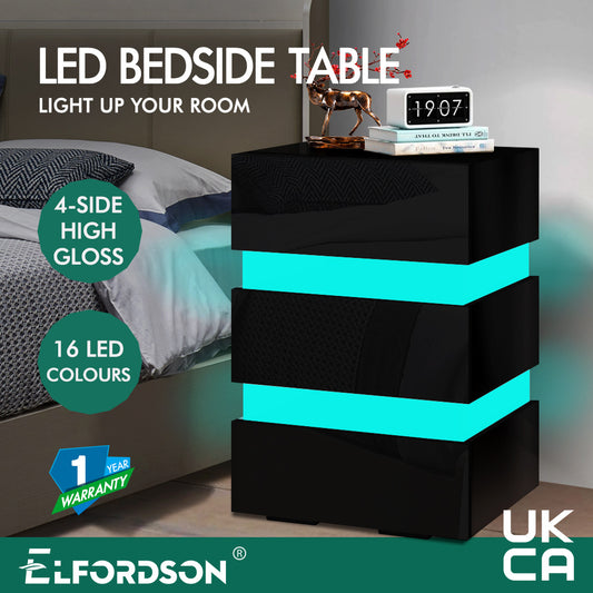 ELFORDSON Bedside Table RGB LED Nightstand 3 Drawers 4 Side High Gloss Black